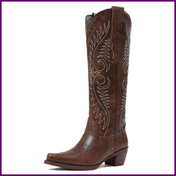 Knee High Western Cowgirl Boots Pull On Wide Calf Chunky Heel